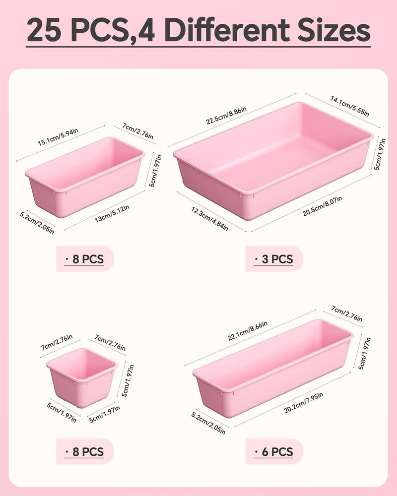 KEMETHY 25 PCS Plastic Drawer Organizers Set, 4 Sizes Vanity Organizer, Makeup and Desk Drawer Organizer Trays, Organization and Storage for Makeup, Bathroom, Kitchen Utensils and Office (Pink) - Image 2